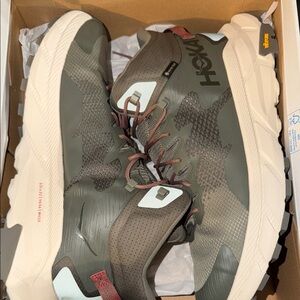 Hoka Men's Olive Green & Cream Waterproof Trail Sneakers with Red Accent